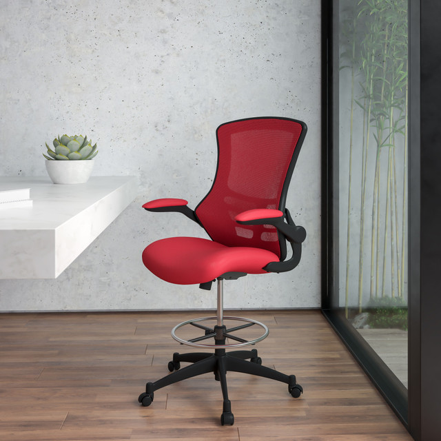 FLASH FURNITURE BLX5MDRED  Mid-Back Mesh Ergonomic Drafting Chair with Adjustable Foot Ring and Flip-Up Arms, Red