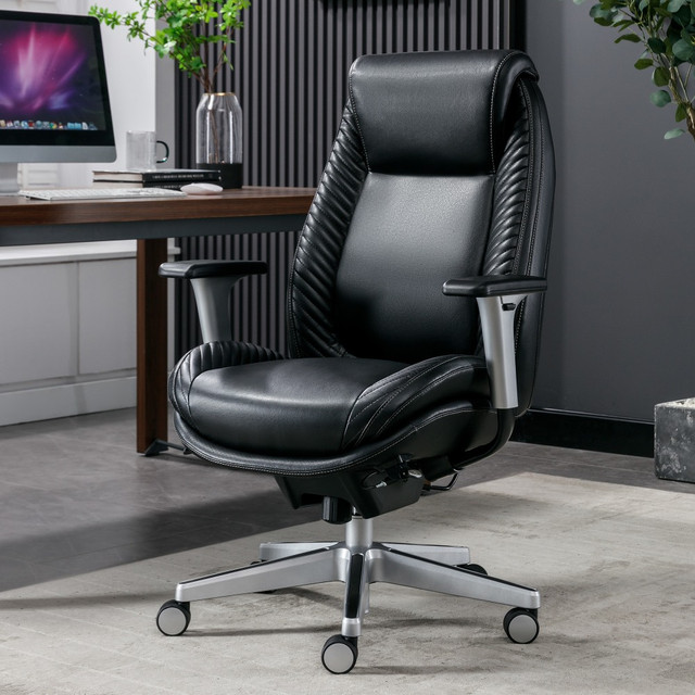 OFFICE DEPOT 52082-BLK Serta iComfort i6000 Ergonomic Bonded Leather High-Back Manager Chair, Black/Silver