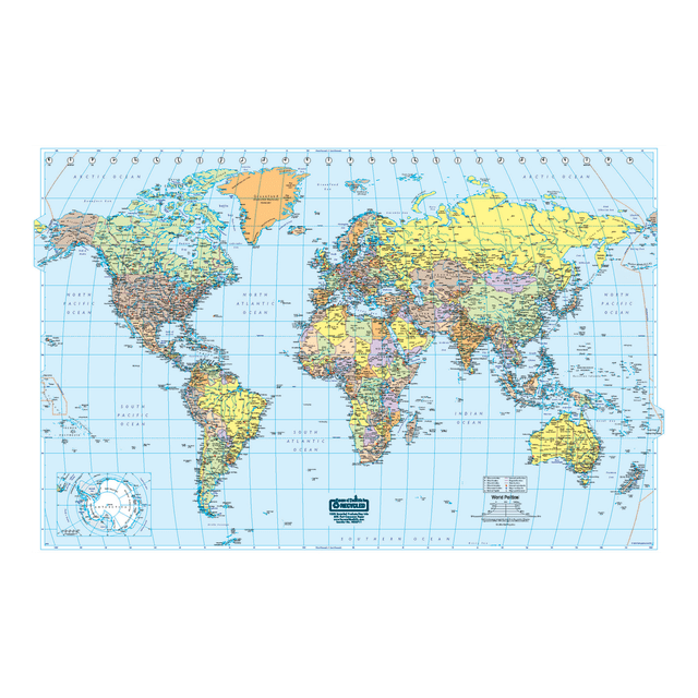 Travel the world right in the classroom with this laminated map  World map includes countries in vivid colors, national capitols, major cities, rivers, time zones and major peak elevations to help teach geography.  Heavy lamination creates a protective barrier.  Includes a water-soluble marker, so instructors can mark key regions, demonstrate paths traveled and more. Marks wipe away with a damp cloth for easy cleaning.