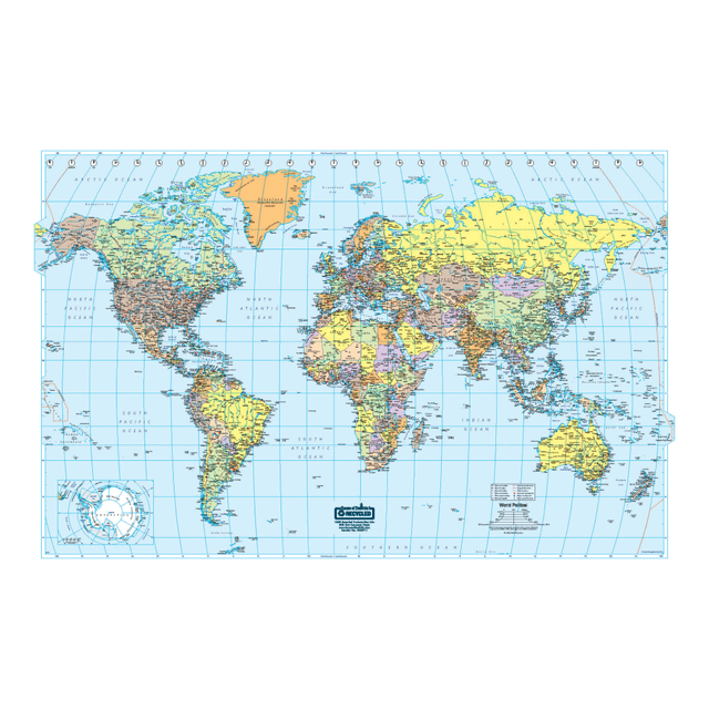 Travel the world right in the classroom with this laminated map  World map includes countries in vivid colors, national capitols, major cities, rivers, time zones and major peak elevations to help teach geography.  Heavy lamination creates a protective barrier.  Includes a water-soluble marker, so instructors can mark key regions, demonstrate paths traveled and more. Marks wipe away with a damp cloth for easy cleaning.