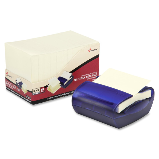 NATIONAL INDUSTRIES FOR THE BLIND 406335 SKILCRAFT Note Pads With Dispenser, 3in x 3in, Canary Yellow, 100 Sheets Per Pad, Pack Of 12 Pads (AbilityOne 7530-01-565-2771)