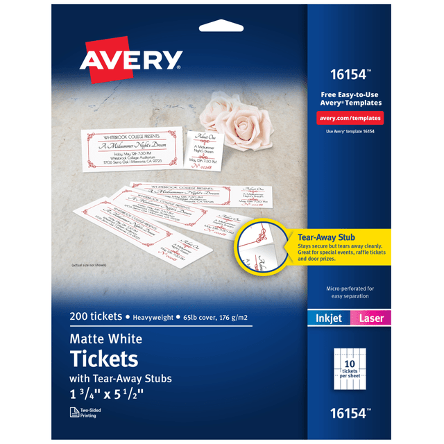 AVERY PRODUCTS CORPORATION Avery 16154  Printable Tickets, 1 3/4in x 5 1/2in, White, Pack Of 200 Tickets