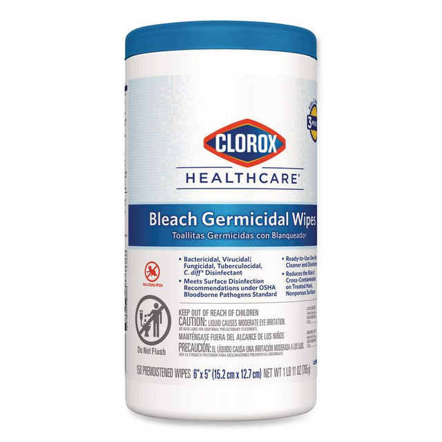 CLOROX SALES CO. Healthcare® 30577 Bleach Germicidal Wipes, 1-Ply, 6 x 5, Unscented, White, 150/Canister