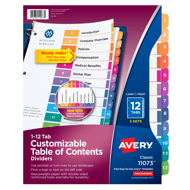 AVERY PRODUCTS CORPORATION 11073 Avery Ready Index 1-12 Tab Binder Dividers With Customizable Table Of Contents, 8-1/2in x 11in, 12 Tab, White/Multicolor, Pack Of 3 Sets