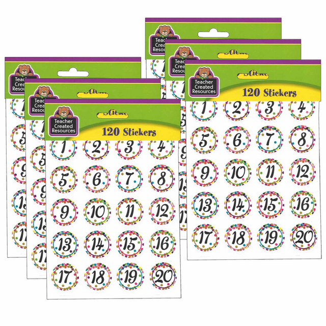 EDUCATORS RESOURCE TCR5574-6 Teacher Created Resources Stickers, Confetti Numbers, 120 Stickers Per Pack, Set Of 6 Packs