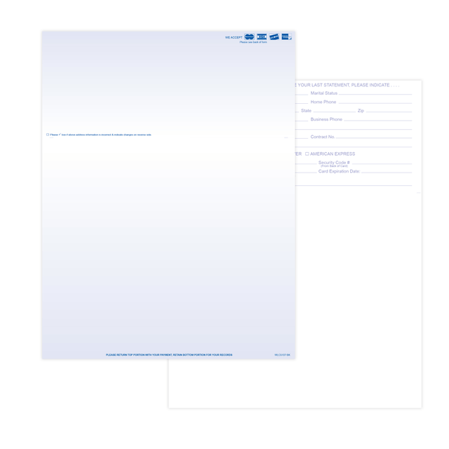 TAYLOR CORP WLCS107-BK5000 Laser 2-Sided Healthcare Medical Billing Statements, Preprinted MC/Visa/Discover/AMEX Credit Card Accepted, 1-Part, 8-1/2in x 11in, Blue, Pack Of 5,000 Sheets TAYLOR CORP WLCS107-BK5000 Laser 2-Sided Healthcare Medical Billing Statements, Preprinted MC/Visa/Discover/AMEX Credit Card Accepted, 1-Part, 8-1/2in x 11in, Blue, Pack Of 5,000 Sheets