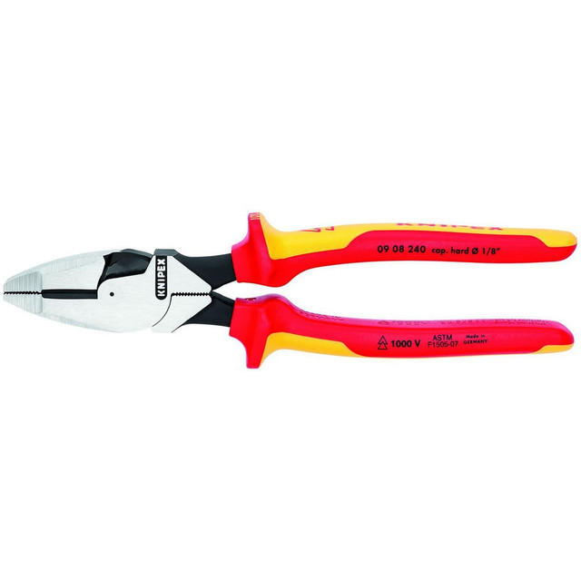 Knipex 09 08 240 US Pliers; Jaw Texture: Crosshatch ; Plier Type: High Leverage; Lineman's ; Jaw Length (mm): 17.00 ; Jaw Width (mm): 55.00 ; Overall Length (Inch): 9-1/2in ; Handle Color: Red; Yellow
