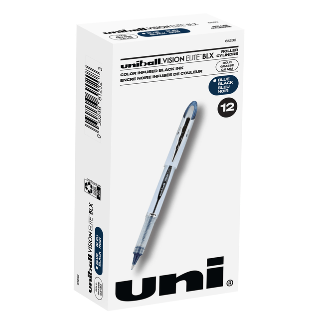 NEWELL BRANDS INC. Uni-Ball 61232  Vision Elite Liquid Ink Rollerball Pens, Bold Point, 0.8 mm, White Barrel, Blue/Black Ink, Pack Of 12