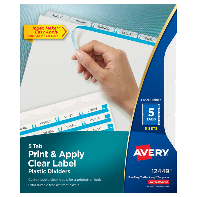 AVERY PRODUCTS CORPORATION 12449 Avery Print & Apply Clear Label Translucent Plastic Dividers with Index Maker Easy Apply Printable Label Strip, 5 Frosted Clear Tabs, Pack Of 5 Sets AVERY PRODUCTS CORPORATION 12449 Avery Print & Apply Clear Label Translucent Plastic Dividers with Index Maker Easy Apply Printable Label Strip, 5 Frosted Clear Tabs, Pack Of 5 Sets