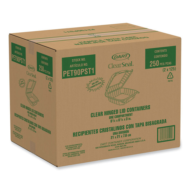 DART PET90PST1 ClearSeal Hinged-Lid Plastic Containers, 8.22w x 3.02h, Clear, Plastic, 250/Carton