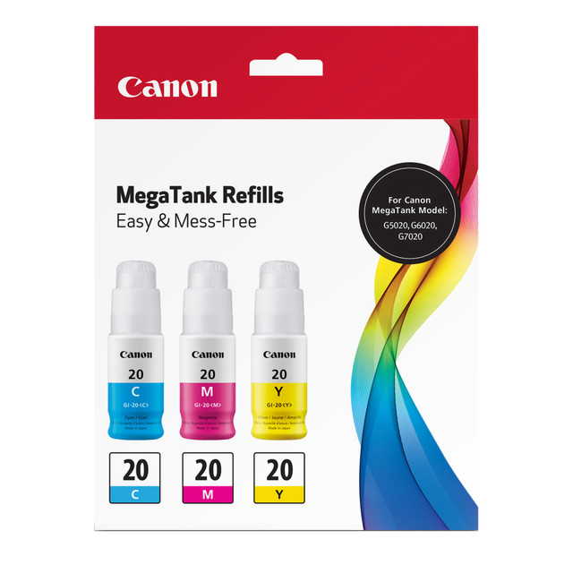 Compatible Canon models: PIXMA : G5020, G6020, G7020.  .  Refill your ink with the Canon GI-20 InkJet Cyan/Magenta/Yellow Ink Bottle Value Pack. Yielding up to 7,000 pages, these ink bottles help reduce the need for refills.  Yields up to 7,000 pages per bottle.  Unique nozzle allows for easy pouring without spills.  Recycling solution - designed to encourage recycling, helping you divert materials from landfill.