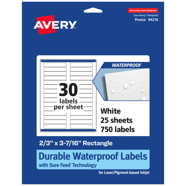 AVERY PRODUCTS CORPORATION 94210-WMF25 Avery Waterproof Permanent Labels With Sure Feed, 94210-WMF25, Rectangle, 2/3in x 3-7/16in, White, Pack Of 750