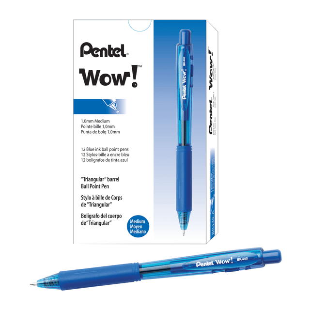 A unique, triangular barrel makes the WOW! pens easy to hold, so you can write quickly, whether you are scribbling notes or whipping up a grocery list. Simply retract the tip and clip these Pentel pens to your pocket for effortless portability.  Enjoy comfortable writing thanks to the unique barrel shape and grip area.  1.0 mm medium point is ideal for a variety of tasks.  Retractable tip saves ink and helps prevent accidental markings.  Pocket clip provides hands-free portability.  Includes a pack of 12 transparent pens with blue ink.