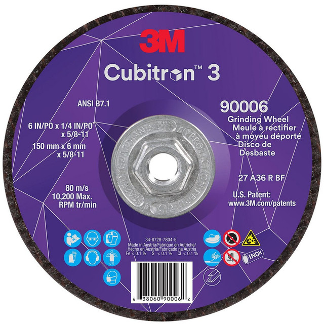 3M 7100312966 Depressed-Center Wheels; Wheel Diameter (Inch): 6 ; Wheel Thickness (Inch): 1/4 ; Hole Thread Size: 5/8-11 ; Wheel Type: Type 27 ; Abrasive Material: Precision Shaped Ceramic ; Grit: 36