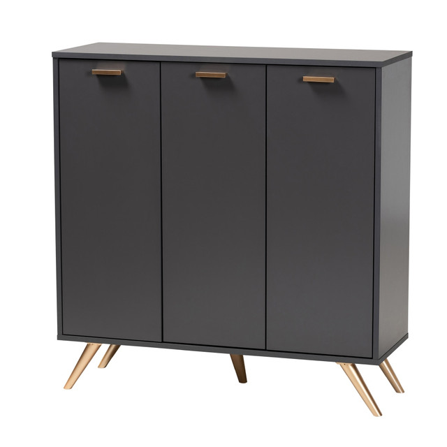 WHOLESALE INTERIORS, INC. 2721-11574 Baxton Studio Kelson 38inW 3-Door Shoe Cabinet, Dark Gray/Gold WHOLESALE INTERIORS, INC. 2721-11574 Baxton Studio Kelson 38inW 3-Door Shoe Cabinet, Dark Gray/Gold