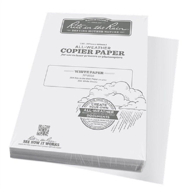 RITE IN THE RAIN 8518 All-Weather Multi-Use Printer & Copy Paper, White, A3, 200 Sheets Per Pack, 20 Lb, 84 Brightness RITE IN THE RAIN 8518 All-Weather Multi-Use Printer & Copy Paper, White, A3, 200 Sheets Per Pack, 20 Lb, 84 Brightness