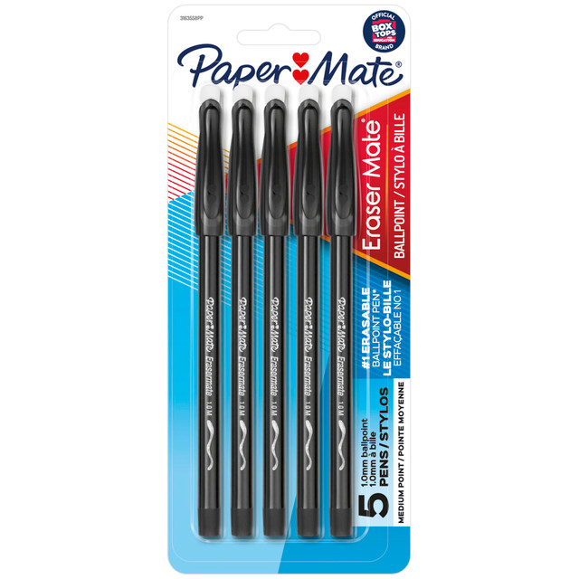 NEWELL BRANDS INC. 31635 Paper Mate EraserMate Pens, Medium Point, 1.0 mm, Black Barrel, Black Ink, Pack Of 5