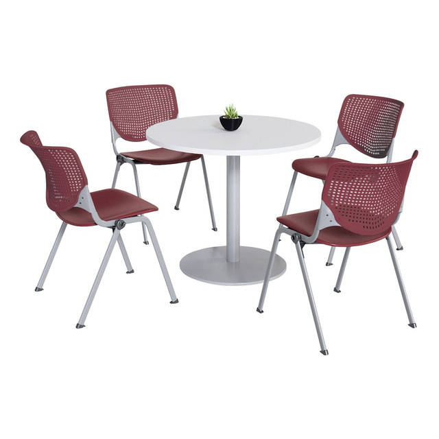 KFI FURNITURE, LLC KFI Studios 811774036672  KOOL Round Pedestal Table With 4 Stacking Chairs, White/Burgundy