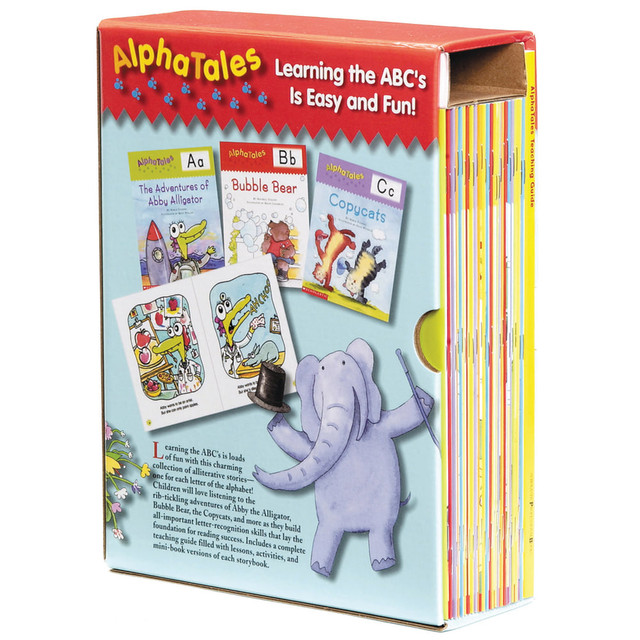 Get students excited to learn with the vibrant, picture books from the Scholastic Teaching Resources Alpha Tales Learning Library. Your class will feel engaged while building fundamental skills as they learn and practice their letters.  Get your students excited to learn their ABCs with interesting stories and vibrant pictures.  Alliterative stories feature adorable adventures starring Abby the Alligator, Bubble Bear, the Copycats and more to engage young students and build letter-recognition skills.  Hide-and-seek picture page and rhyming letter poem in each book help kids practice their alphabet.  Teachers guide provides easy-to-follow lesson plans, tested activities and mini versions of the books.  Comes with twenty-six 16-page books, a 128-page guide and a storage unit.  Recommended for Pre-K through 1st grade.
