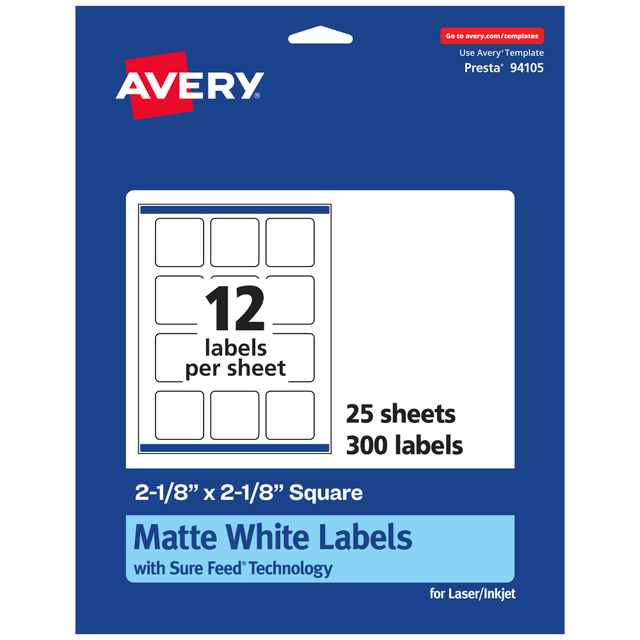 AVERY PRODUCTS CORPORATION 94105-WMP25 Avery Permanent Labels With Sure Feed, 94105-WMP25, Square, 2-1/8in x 2-1/8in, White, Pack Of 300