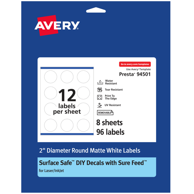 AVERY PRODUCTS CORPORATION 94501-DRF8 Avery Durable Removable Labels With Sure Feed, 94501-DRF8, Round, 2in Diameter, White, Pack Of 96 AVERY PRODUCTS CORPORATION 94501-DRF8 Avery Durable Removable Labels With Sure Feed, 94501-DRF8, Round, 2in Diameter, White, Pack Of 96