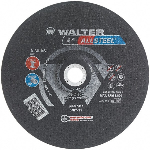 WALTER Surface Technologies 08C902 Depressed Grinding Wheel:  Type 27,  9" Dia,  1/8" Thick,  7/8" Hole,  Aluminum Oxide