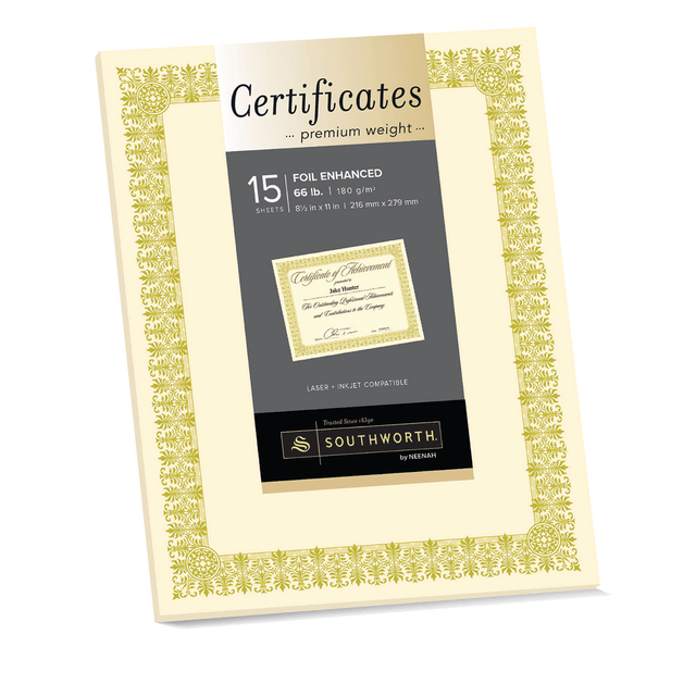NEENAH PAPER INC CTP1V Southworth Premium Foil Certificates, 8 1/2in x 11in, 66 Lb, Ivory/Gold Foil Fleur, Pack Of 15 NEENAH PAPER INC CTP1V Southworth Premium Foil Certificates, 8 1/2in x 11in, 66 Lb, Ivory/Gold Foil Fleur, Pack Of 15