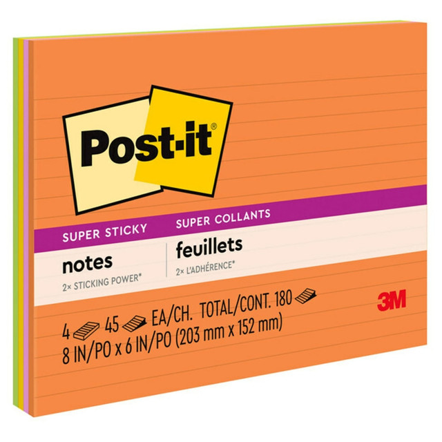 3M CO Post-it 6845-SSPL  Super Sticky Notes, 8 in x 6 in, 4 Pads, 45 Sheets/Pad, 2x the Sticking Power, Energy Boost Collection, Lined