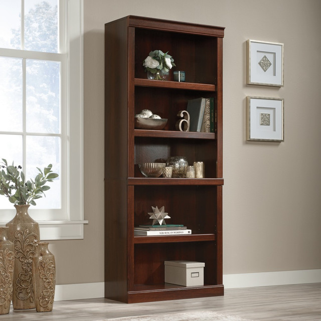 Prevent clutter from taking over your office with an elegant storage solution. This Realspace 72inH 5-Shelf Bookcase offers a style that reflects your upscale taste in furniture and has plenty of storage space. Arrange books, keepsakes, framed photos and your favorite awards along the shelves as well as accessory bins and baskets (sold separately) for loose supplies. The 3 adjustable shelves make it easy to accommodate the items you need and the pieces that help make your space feel personal.  Configure your space using adaptable pieces to help  you get organized.  Engineered-wood construction with decorative molding.  Attractive laminate finish.  5 shelves, including 3 adjustable.  Weight capacity tested to support 25 lb (adjustable shelves) and 35 lb (bottom shelf).  Assembly required.  Finished in mulled cherry.  Tested to meet ANSI/BIFMA Performance Standards - Manufacturer testing has been conducted on this product to meet specific performance requirements and safety standards set forth by the American National Standards Institute (ANSI) and the Business and Institutional Furniture Manufacturers.  This product is heavy and/or oversized and may need more than one person to handle.  Interested in in-home assembly? Please call our certified and insured professional assemblers 866-388-4350 today!