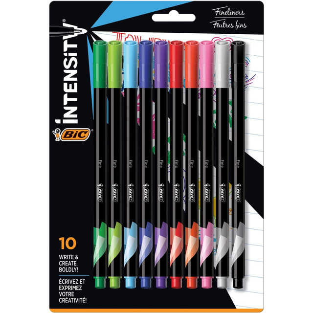 BIC CORP FPINFAP10AST BIC Intensity Fineliner Marker Pens, Fine Point, 0.4 mm, Assorted Ink Colors, Pack Of 10 Pens