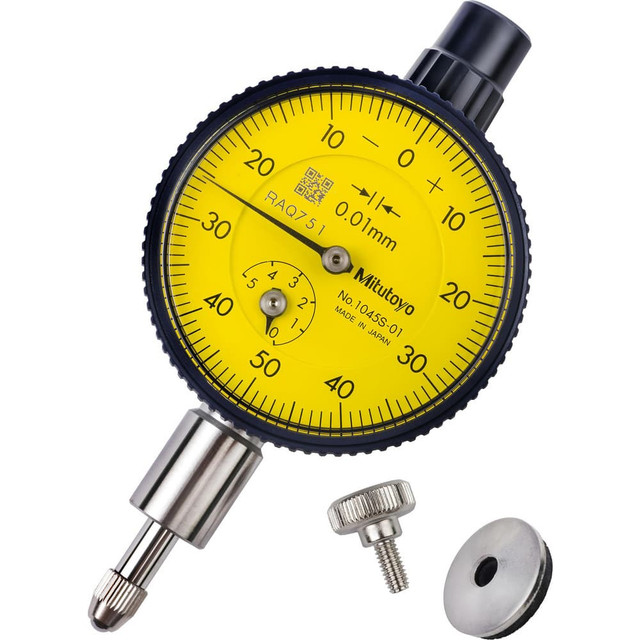 Mitutoyo 1045AB-01 Dial Drop Indicators; Back Type: Flat ; Indicator Style: Plunger ; Bearing Type: Plain ; Minimum Measurement (mm): 0 ; Maximum Measurement (mm): 5 ; Dial Graduation (mm): 0.0100