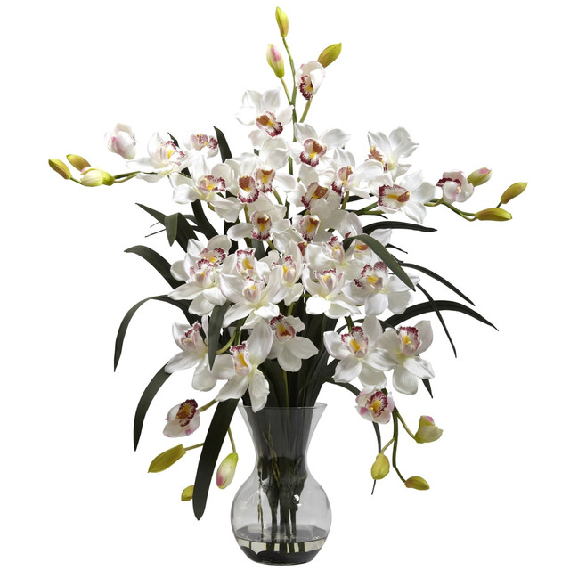 NEARLY NATURAL INC. Nearly Natural 1300-WH  34inH Cymbidium Arrangement With Glass Vase, White