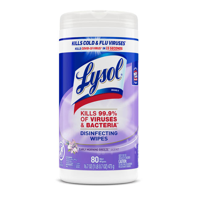 RECKITT BENCKISER 19200-89347 Lysol Disinfecting Wipes, Early Morning Breeze Scent, 8in x 8in, Canister Of 80 RECKITT BENCKISER 19200-89347 Lysol Disinfecting Wipes, Early Morning Breeze Scent, 8in x 8in, Canister Of 80