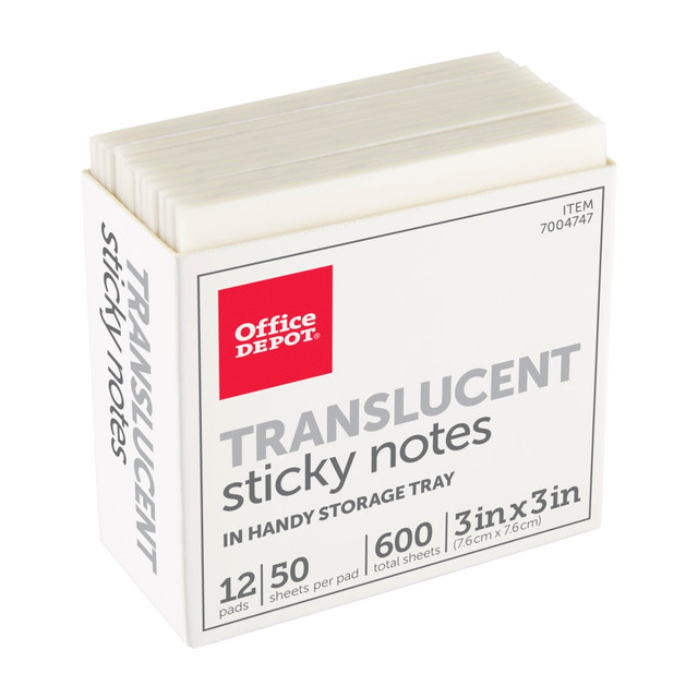 OFFICE DEPOT 21712-12PK  Brand Translucent Sticky Notes, With Storage Tray, 3in x 3in, Clear, 50 Notes Per Pad, Pack Of 12 Pads