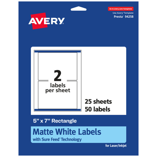 AVERY PRODUCTS CORPORATION 94258-WMP25 Avery Permanent Labels With Sure Feed, 94258-WMP25, Rectangle, 5in x 7in, White, Pack Of 50 AVERY PRODUCTS CORPORATION 94258-WMP25 Avery Permanent Labels With Sure Feed, 94258-WMP25, Rectangle, 5in x 7in, White, Pack Of 50