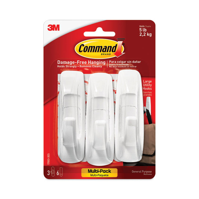 3M/COMMERCIAL TAPE DIV. Command™ 170033ES General Purpose Hooks Multi-Pack, Large, Plastic, White, 5 lb Capacity, 3 Hooks and 6 Strips/Pack