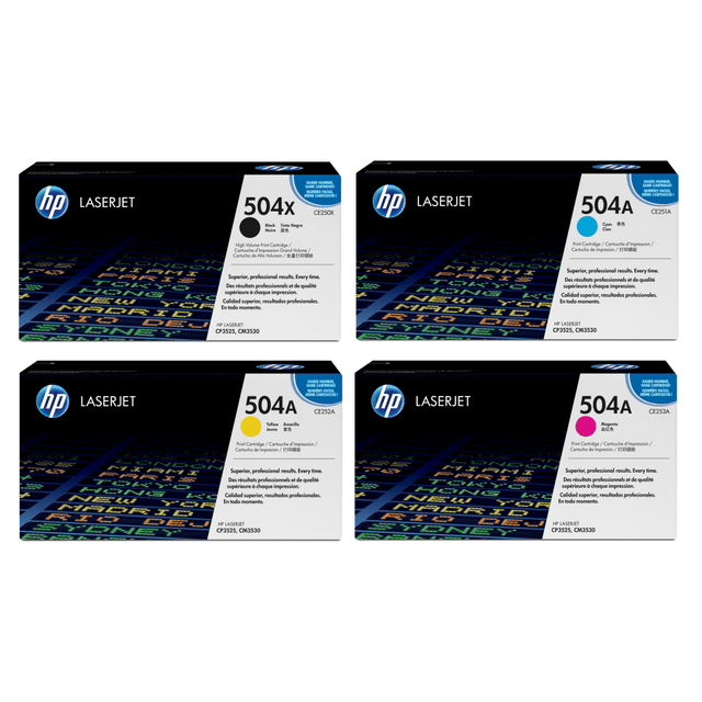 HP INC. HP504XASET-OD HP 504X/504A Black; Cyan; Magenta; Yellow High-Yield Toner Cartridges Combo, Pack Of 4, CE250X,CE251A,CE252A,CE253A