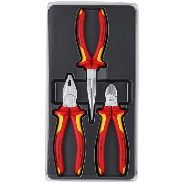 Knipex 00 20 12 Plier Sets; Plier Type Included: Combination Pliers; Long Nose Pliers; Diagonal Cutters ; Container Type: None ; Handle Material: Comfort Grip ; Includes: 03 06 180; 26 16 200; 70 06 160 ; Insulated: Yes ; Tether Style: Not Tether Cap