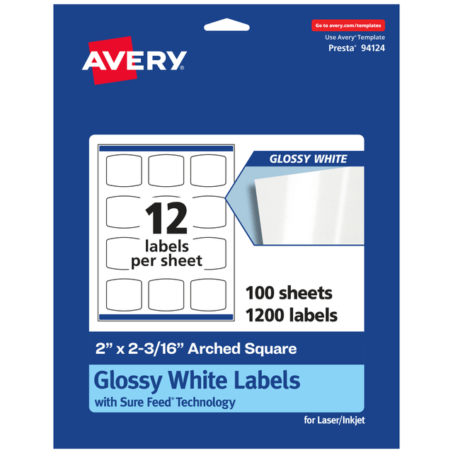 AVERY PRODUCTS CORPORATION 94124-WGP100 Avery Glossy Permanent Labels With Sure Feed, 94124-WGP100, Arched Square, 2in x 2-3/16in, White, Pack Of 1,200 AVERY PRODUCTS CORPORATION 94124-WGP100 Avery Glossy Permanent Labels With Sure Feed, 94124-WGP100, Arched Square, 2in x 2-3/16in, White, Pack Of 1,200