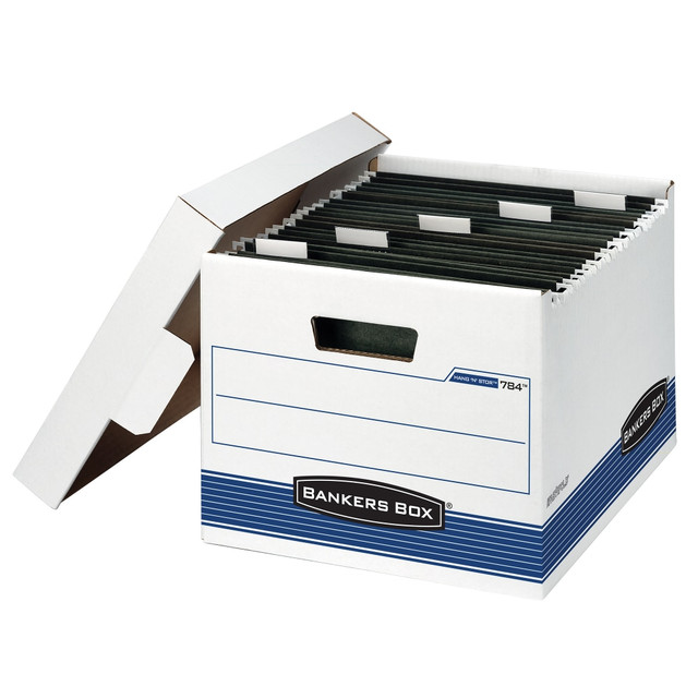 FELLOWES INC. 784 Bankers Box Hang"Nstor Medium-Duty Storage Boxes With Locking Lift-Off Lids And Built-In Handles, Letter Size, 15in x 12 1/4in x 9 3/4in, 60% Recycled, White/Blue, Case Of 4