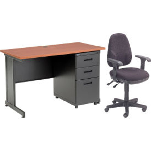 Global Industrial Interion® Office Desk and Fabric Chair Bundle with 3 Drawer Pedestal - 48"" x 24"" - Cherry p/n 670078CH-B1