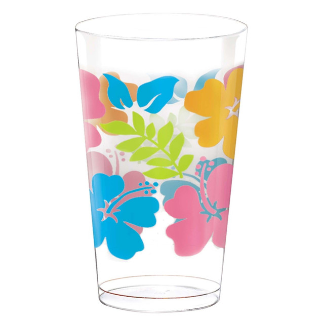 AMSCAN CO INC Amscan 580017  Summer Luau Hibiscus Plastic Tumblers, 16 Oz, Clear, Pack Of 26 Tumblers