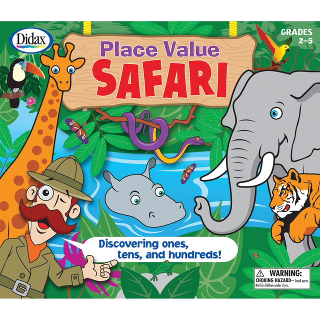 Practice important math skills with your students while escaping a tiger on a safari with the Didax Place Value Safari Game. Students will work on pivotal skills, such as adding and subtracting in 10s, the language of exchange and grouping in 10s.  Game includes playing board, counters, dice and base 10 units.  Designed to help students familiarize with 1s, 10s and 100s as they complete a variety of math tasks to escape a tiger.  Ideal for 2 to 4 players in grades 2 through 5.