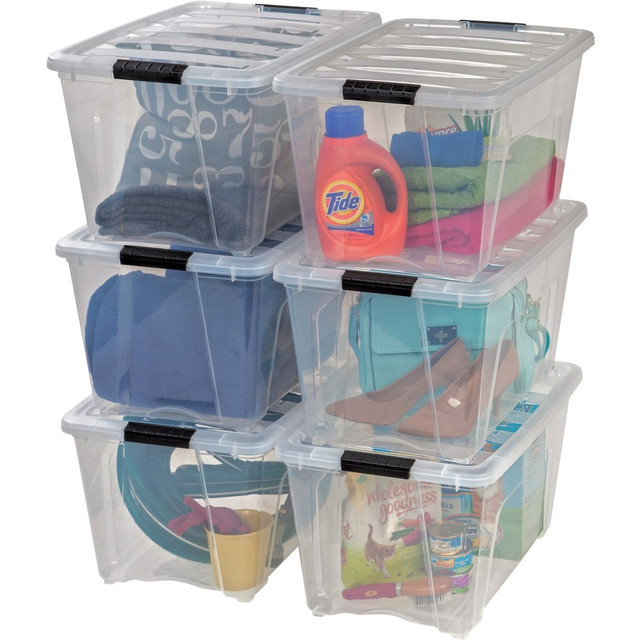 IRIS USA, INC. 100245 Iris Stackable Clear Storage Boxes, 22in x 16 1/2in x 13in, Clear, Black, Case Of 6