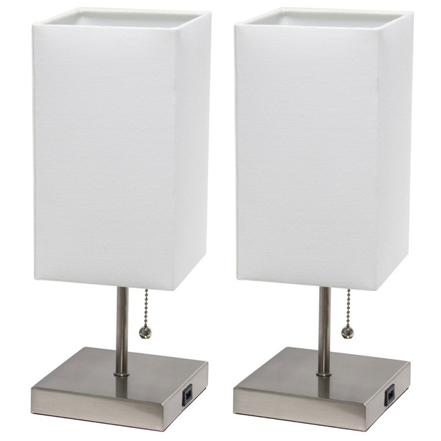ALL THE RAGES INC LC2003-WHT-2PK Simple Designs Petite Stick Lamps With USB Charging Port, White Shade/Brushed Nickel Base, Set Of 2 Lamps