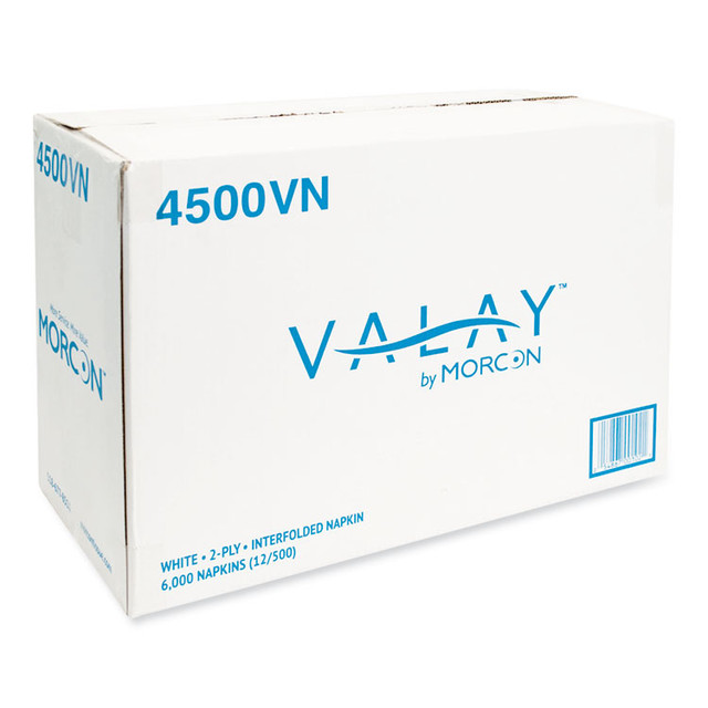 MORCON Tissue 4500VN Valay Interfolded Napkins, 2-Ply, 6.5 x 8.25, White, 500/Pack, 12 Packs/Carton