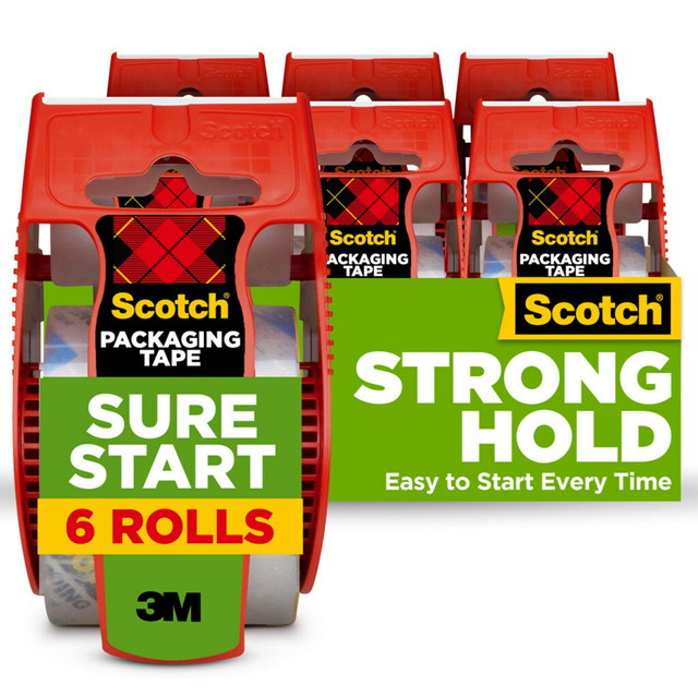 3M CO 145-6 Scotch Sure Start Shipping Tape, 6 Tape Rolls with Dispensers, 1 7/8 in x 22.2 yd, 1.5in Core, Designed for Packing, Shipping and Mailing, Quiet Unwind, No Splitting or Tearing, Clear