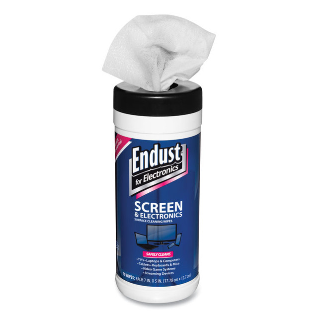 ENDUST 11506 Antistatic Screen Cleaning Wipes, Premoistened, 5 x 7, Clean Scent, White, 70/Canister
