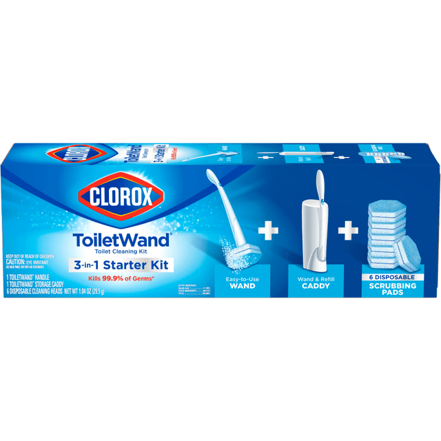 Clorox ToiletWand is an easy to use, all in one system that makes the dreaded toilet cleaning experience a breeze. The all in one system contains: 1 wand with a long handle to help you clean from a distance, 6 disposable scrubbing pads preloaded with cleaner and 1 caddy to conveniently store scrubbing pad refills. Each disposable scrubbing pad is preloaded with Clorox Cleaner that kills 99.9% of germs*. Scrubbing pads power through hard water and lime stains 2X faster than when using a toilet brush with manual toilet bowl cleaner. Never touch an icky toilet brush again: disposable scrubbing pads conveniently pop off into the trash so you can toss the mess every time. *When used as directed.  ALL IN ONE SYSTEM: Contains 1 wand with long handle to help clean from a distance, 6 disposable scrubbing pads preloaded with cleaner and 1 caddy to conveniently store scrubbing pad refills, pack may vary  PRELOADED WITH CLEANER: Replaces your liquid cleaner AND your brush, disposable scrubbing pads are preloaded with cleaner that kills 99.9% of germs* to make toilet cleaning fast and easy  ELIMINATE HARD WATER AND LIME STAINS: Powerful cleaning solution eliminates hard water and lime stains 2X faster than using a toilet brush with manual toilet bowl cleaner  DISPOSABLE SCRUBBING PADS: Never touch an icky toilet brush again with disposable scrubbing pads that conveniently pop off into the trash so you can toss the mess every time  GREAT FOR COMMERCIAL USE: Ideal for use in offices, day care centers, schools, hotels, restaurants and other commercial facilities
