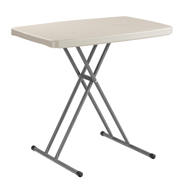 If you need a dependable and expansive surface for work or creative projects, consider this portable table. The personal folding table offers a height-adjustable design to let you set it where you need it. The plastic folding table offers stability thanks to its powder-coated steel frame.  1-5/8in thick plastic top.  Blow-molded construction and textured, powder-coated steel legs and frame.  Height can be adjusted to suit your preferences.  Folding design.  Save time - no assembly required.  Backed by the manufacturers 1-year limited warranty.